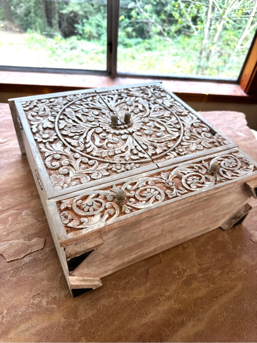 Boho Hand-Carved Wood Jewelry Box Cabinet in Distressed White EUC